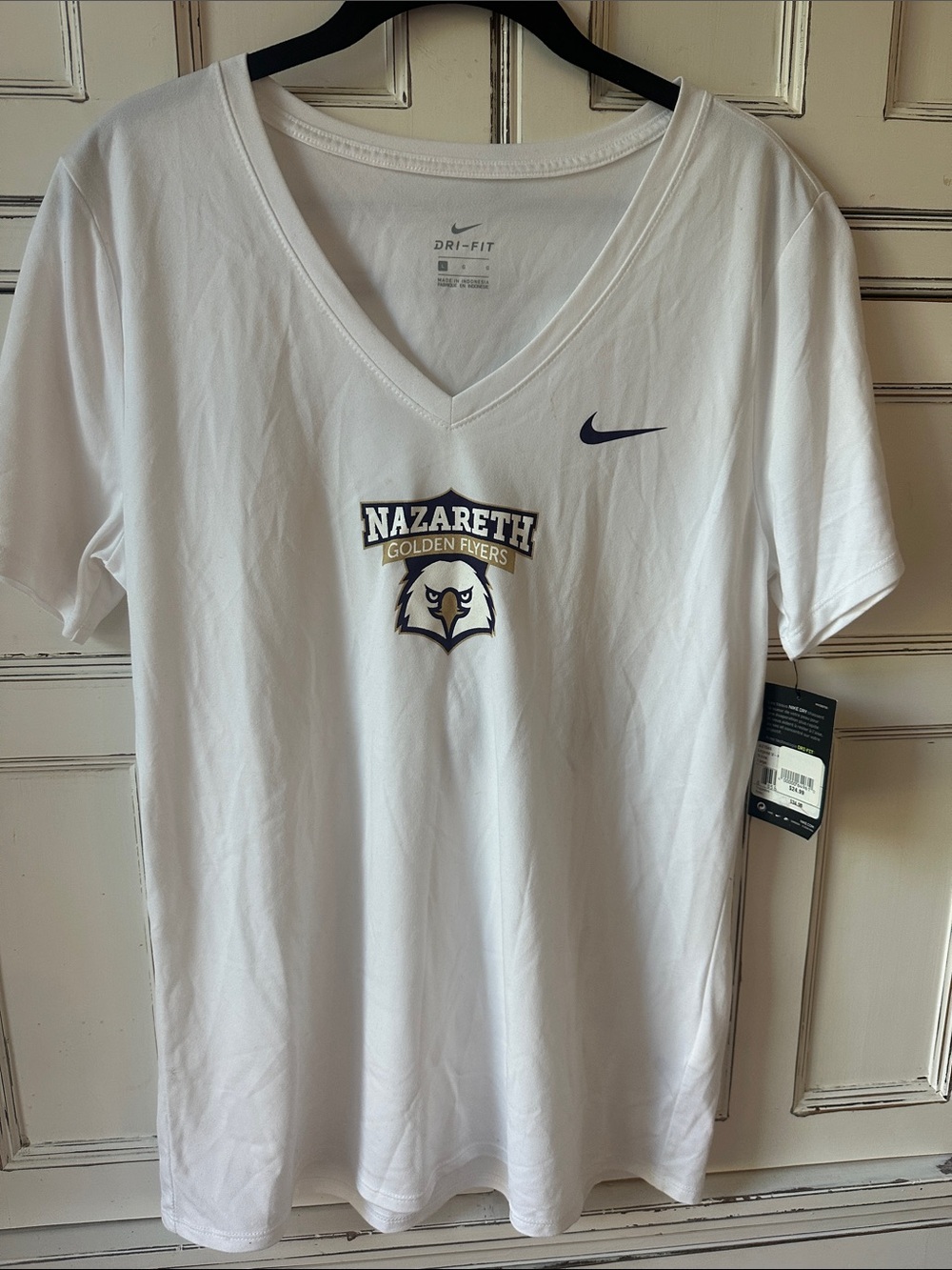 Nike White V-Neck Dri-FIT Tee with Nazareth Golden Flyers Logo